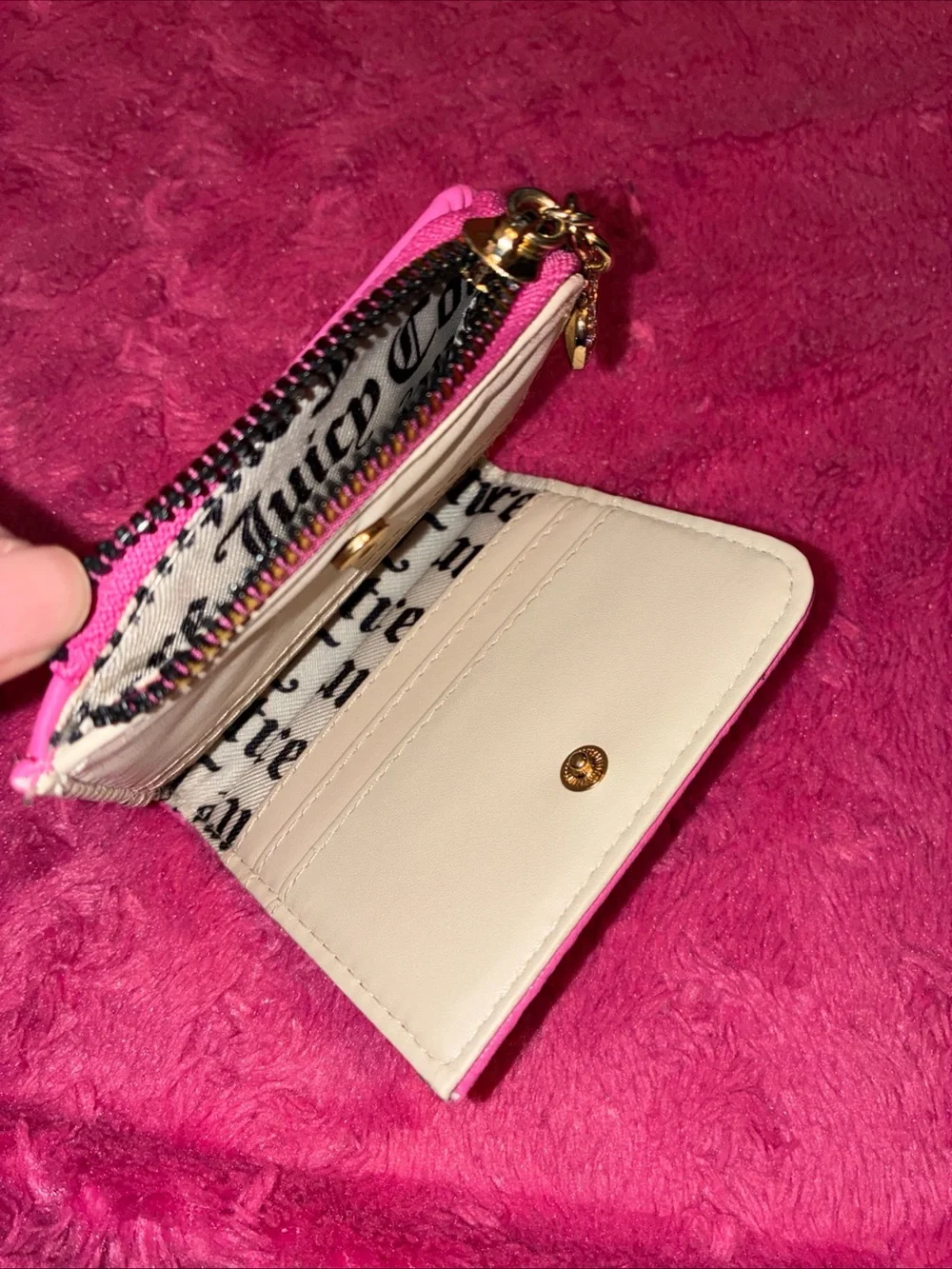 Juicy Couture Hot Pink Embossed Zip Card Holder with Heart Charm